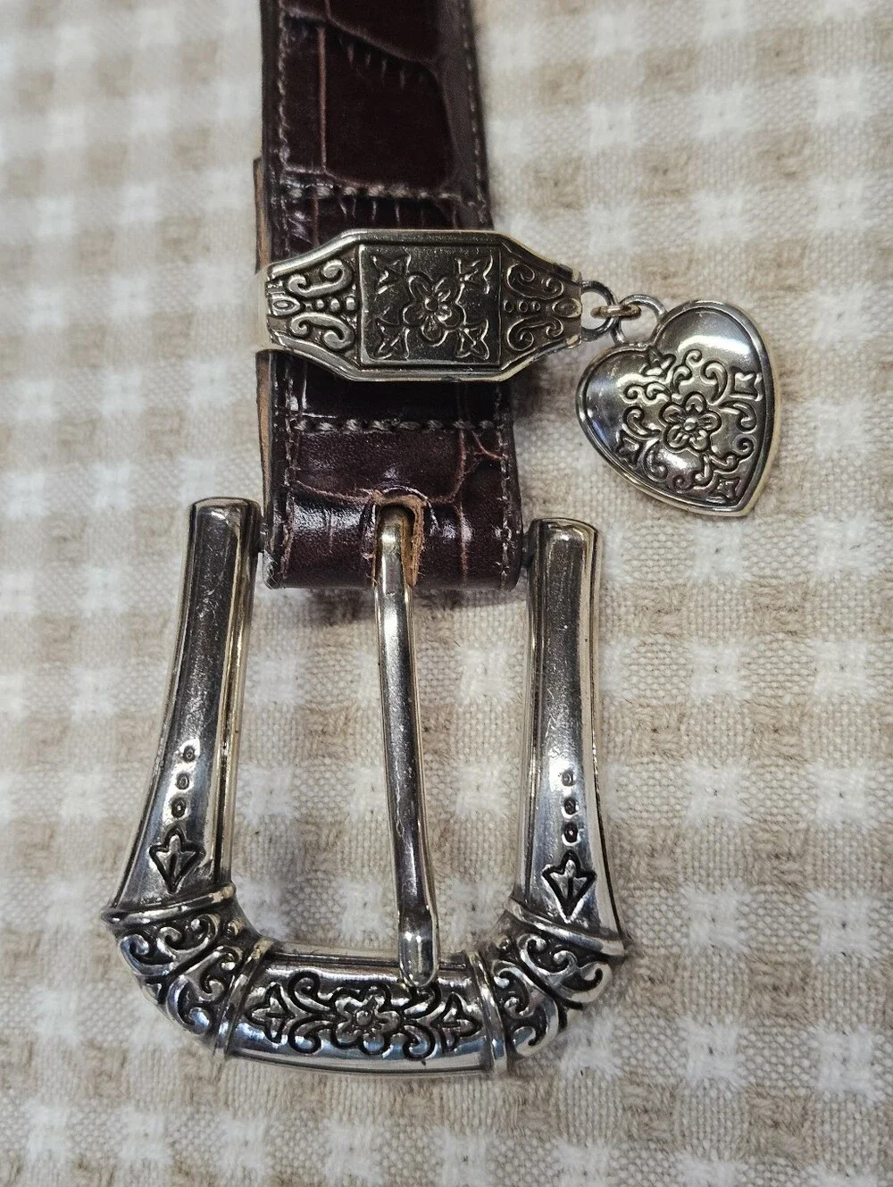 Brighton Dark Brown Croc Embossed Leather Heart Charm Silver Buckle Western Belt
